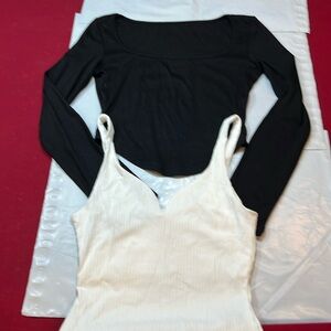 CROP TOP shirts LOT OF TWO WHITE sweetheart neck ribbed black Long sleeves Small